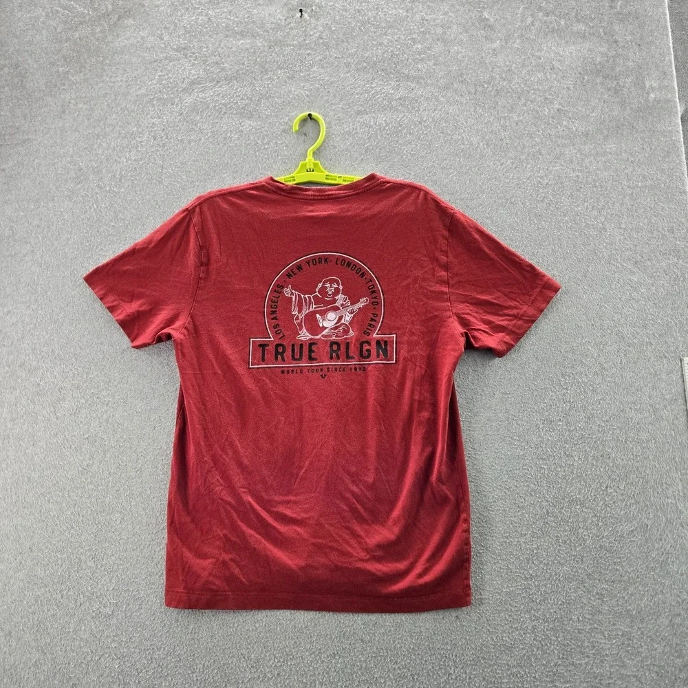 True‎ Religion Men Shirt L Red Guitar Buddha Logo Graphic Print Short Sleeve